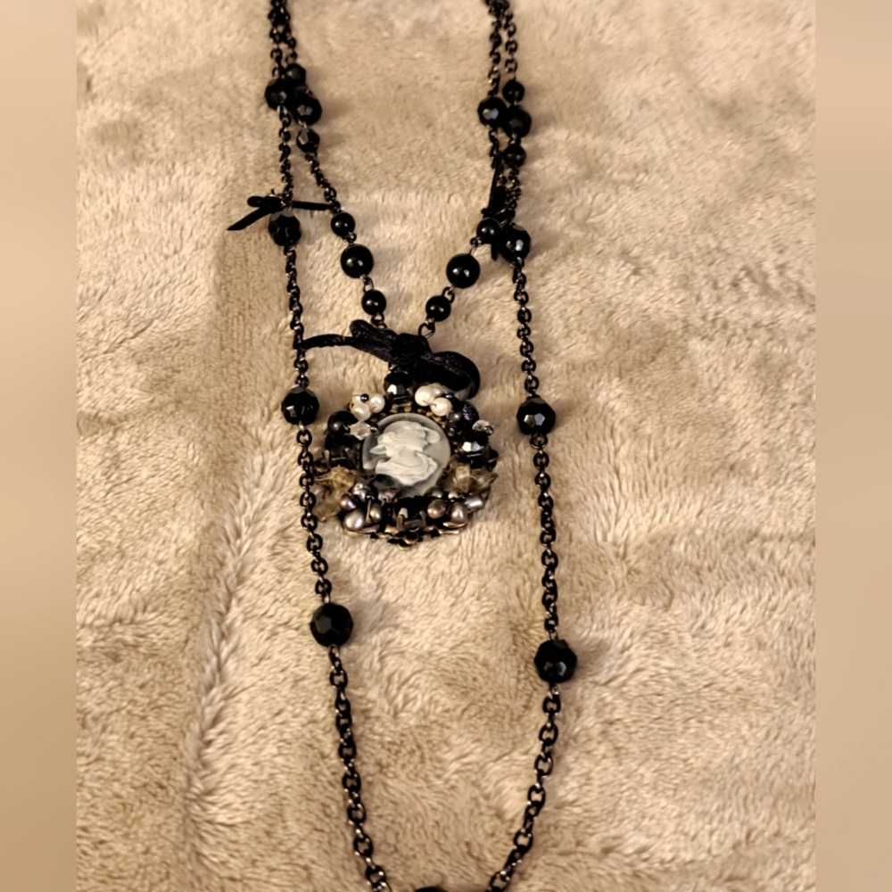 Elegant Blue Cameo Pendant on black Chain Necklace w/black & Pearl Beads